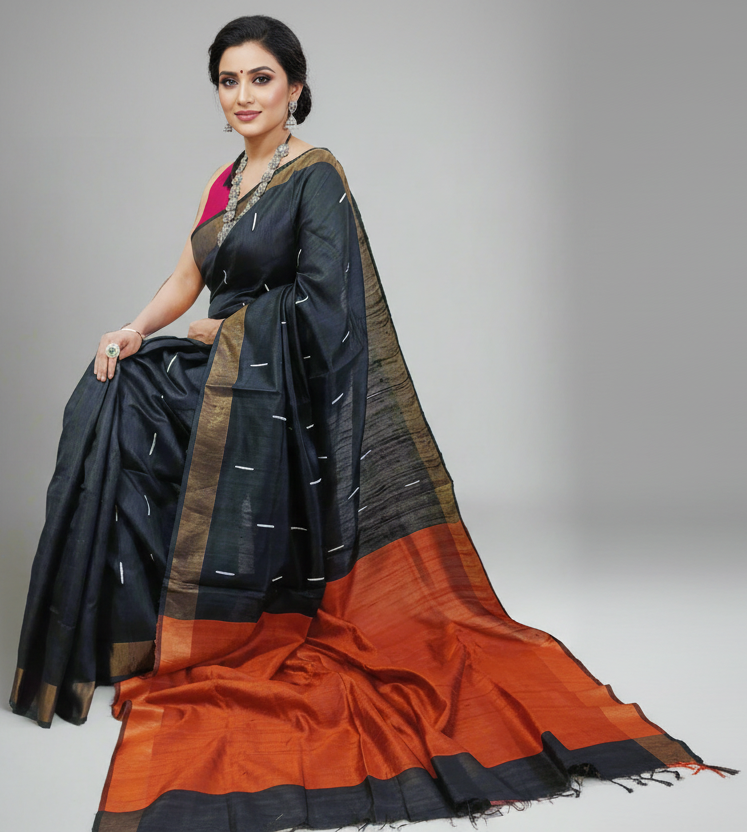 Black and Bronze Tussar Raw Silk Saree