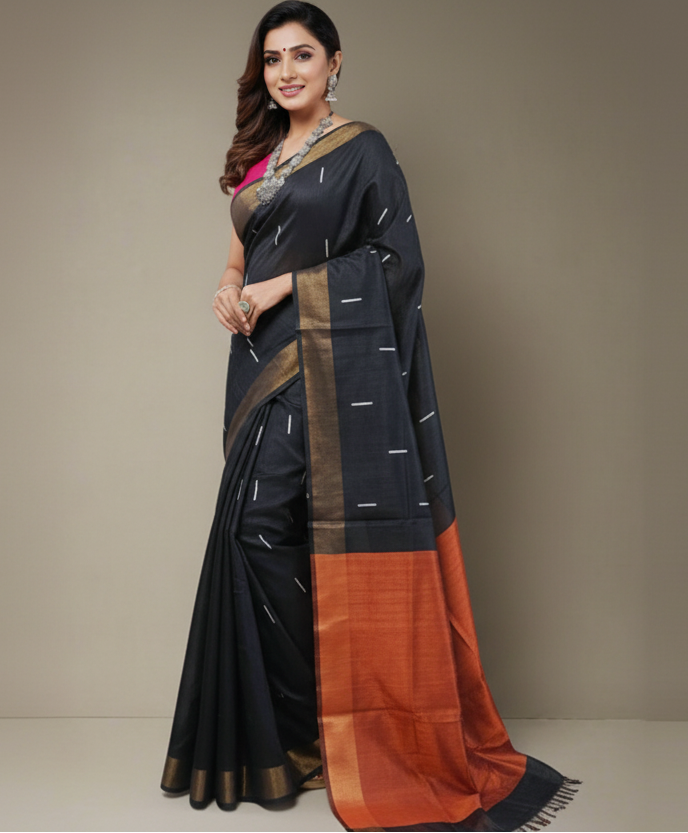 Black and Bronze Tussar Raw Silk Saree