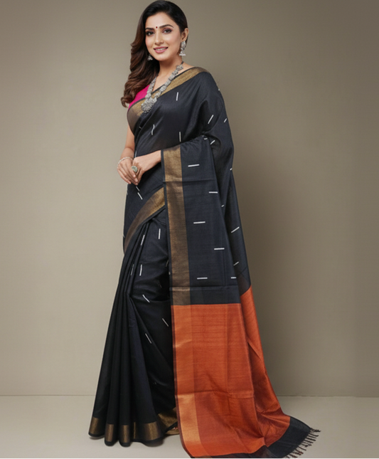Black and Bronze Tussar Raw Silk Saree