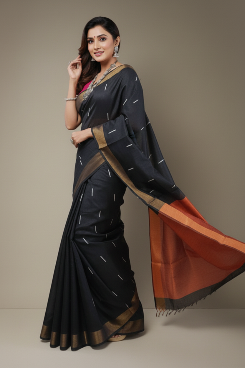 Black and Bronze Tussar Raw Silk Saree