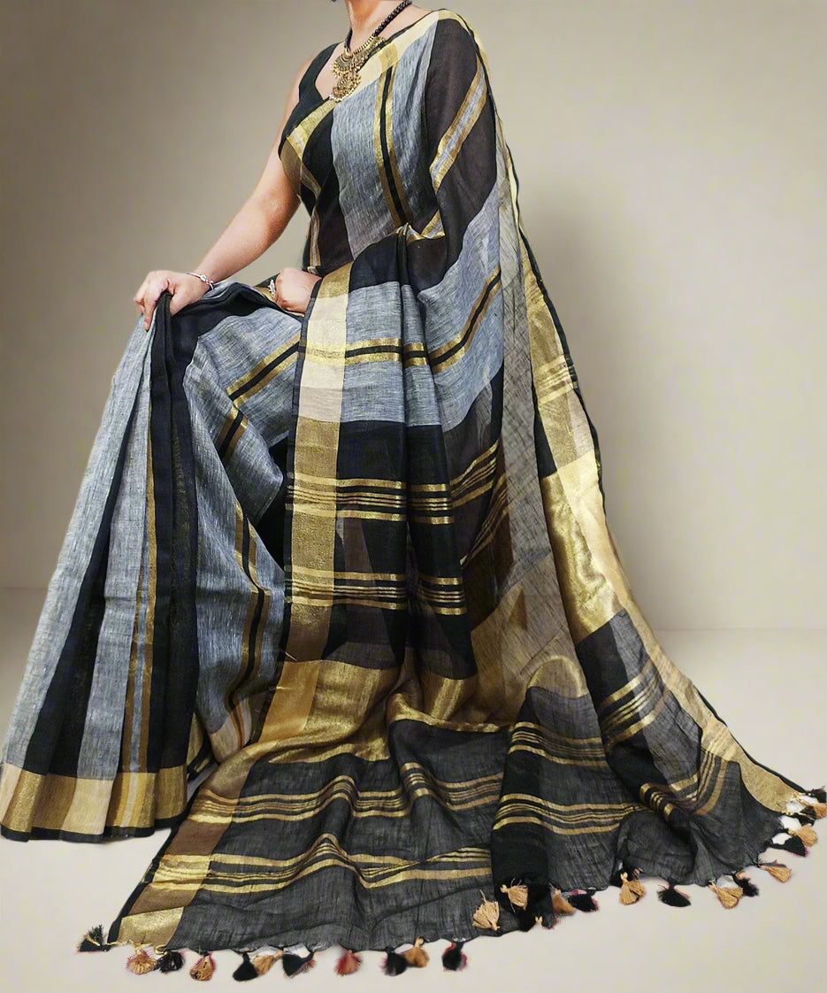 Black and Grey Striped Handloom Pure Linen Saree