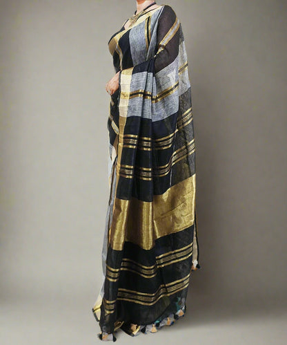 Black and Grey Striped Handloom Pure Linen Saree