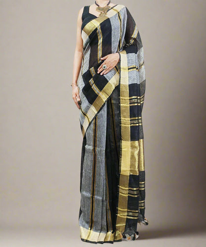 Black and Grey Striped Handloom Pure Linen Saree