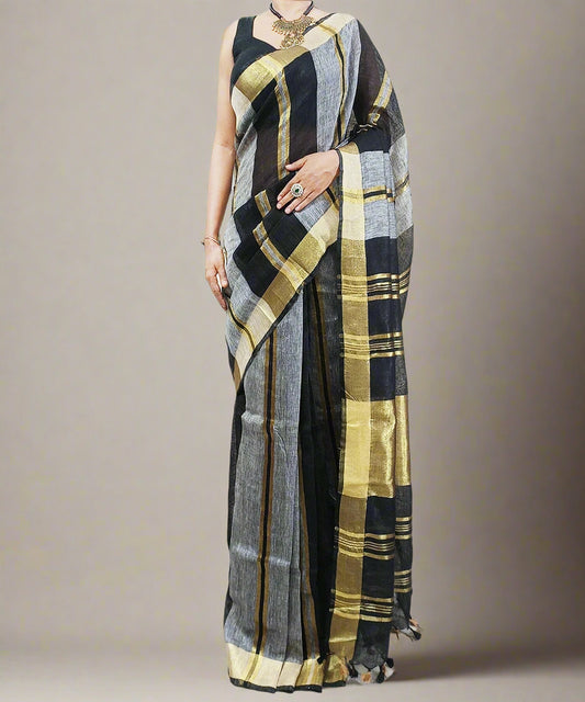 Black and Grey Striped Handloom Pure Linen Saree