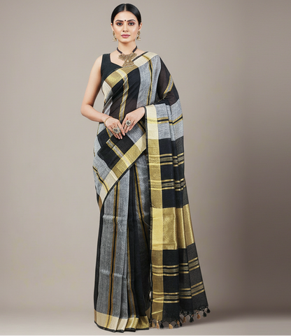 Black and Grey Striped Handloom Pure Linen Saree