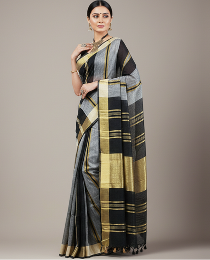 Black and Grey Striped Handloom Pure Linen Saree