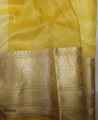 White Pure Silk Linen Banarasi Saree with Contrast Yellow Border