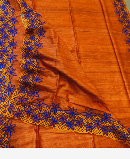 Orange Hand Cutwork Tussar Ghicha Silk Saree