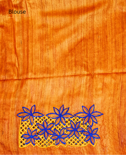 Orange Hand Cutwork Tussar Ghicha Silk Saree