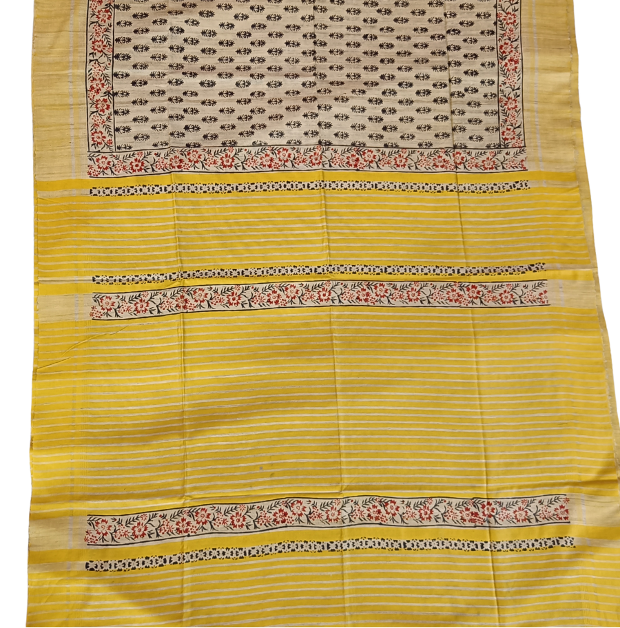 Off-white Floral Printed Tussar Ghicha Silk Saree