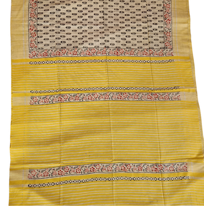 Off-white Floral Printed Tussar Ghicha Silk Saree