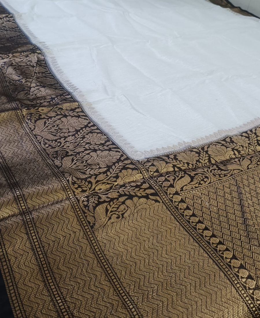 White Pure Banarasi Silk Linen Saree with Contrast Black Border