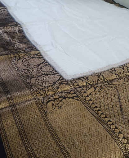 White Pure Banarasi Silk Linen Saree with Contrast Black Border
