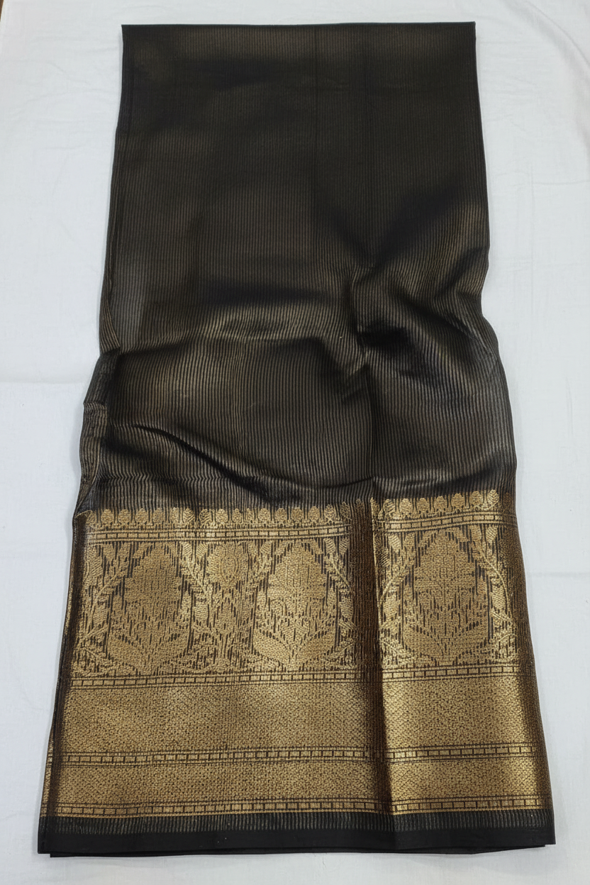 White Pure Banarasi Silk Linen Saree with Contrast Black Border