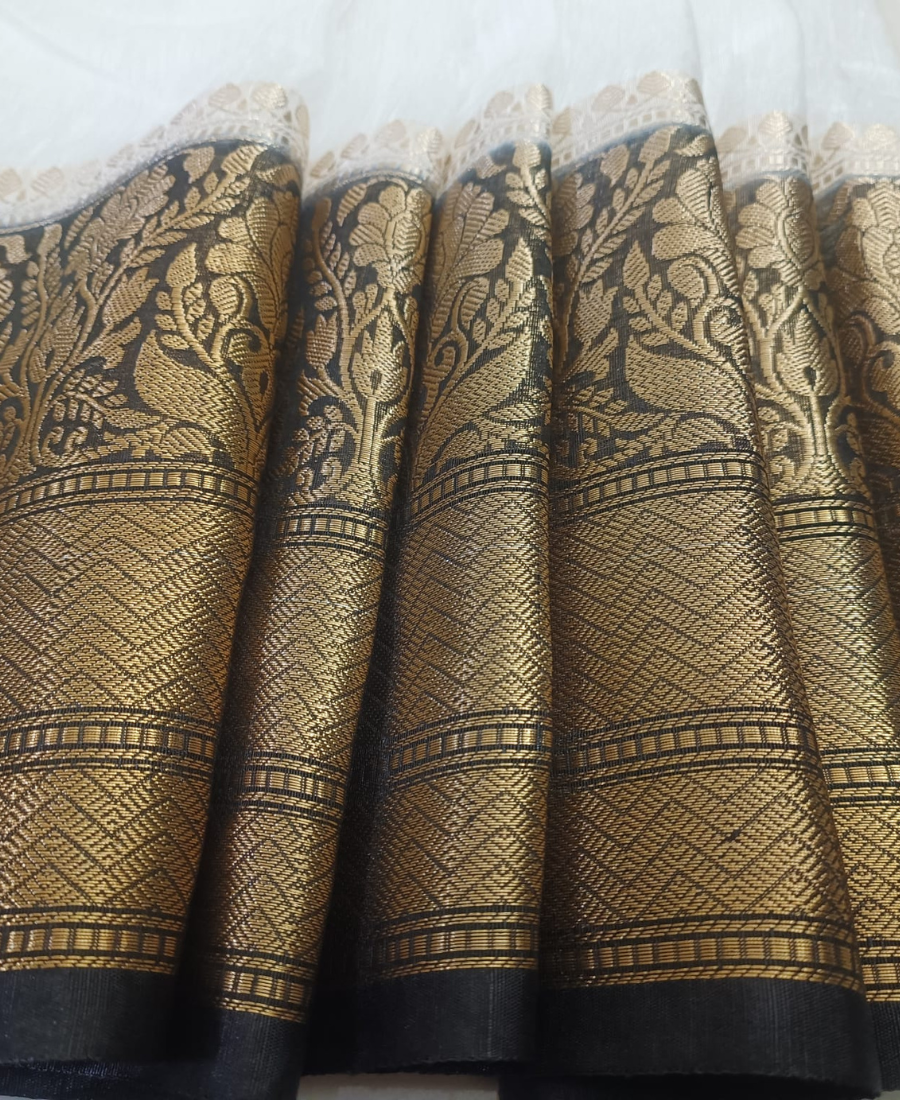 White Pure Banarasi Silk Linen Saree with Contrast Black Border