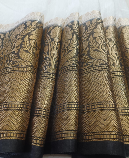 White Pure Banarasi Silk Linen Saree with Contrast Black Border