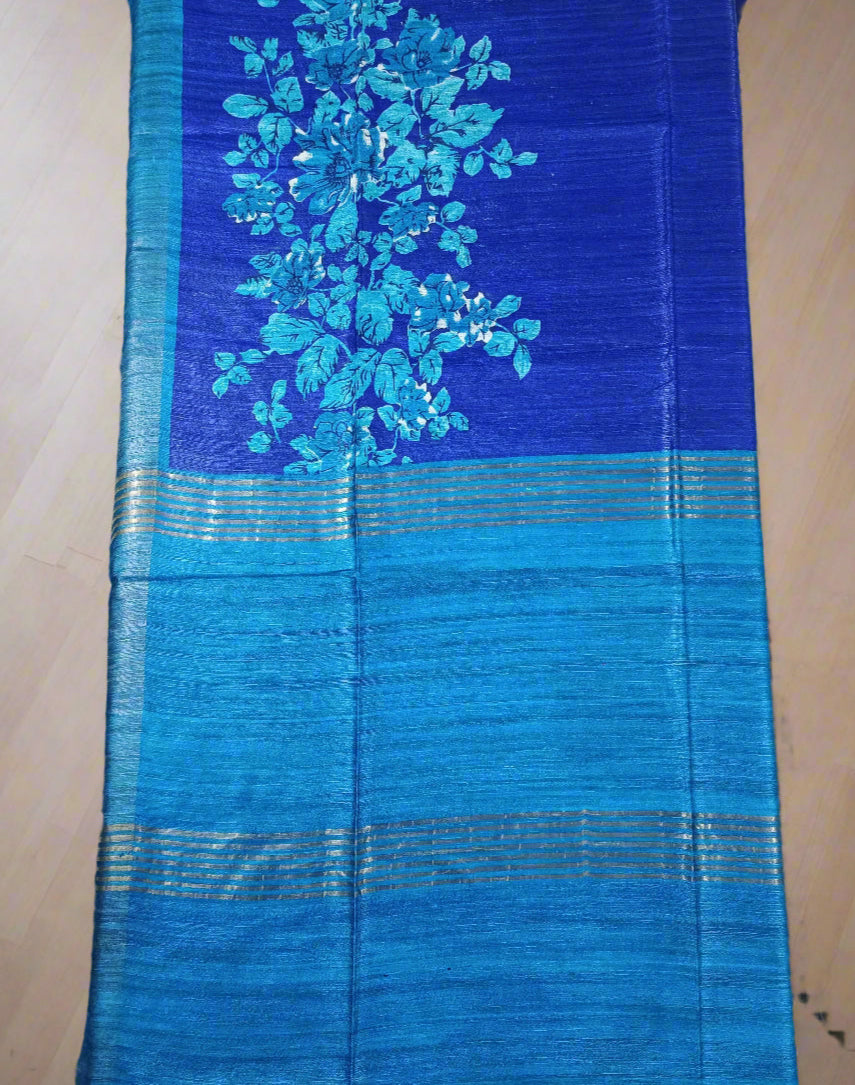 Blue Floral Printed Tussar Ghicha Silk Saree with Zari Border