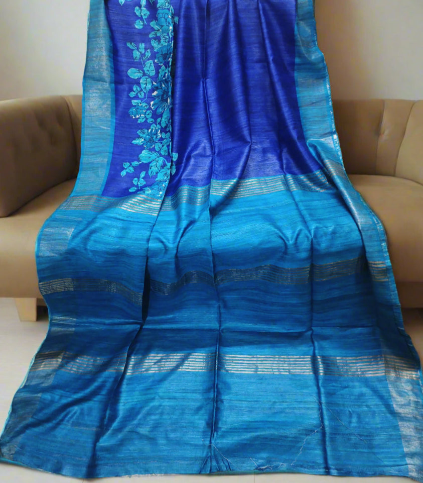 Blue Floral Printed Tussar Ghicha Silk Saree with Zari Border