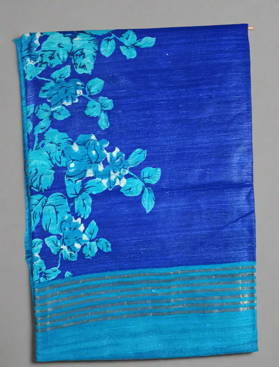 Blue Floral Printed Tussar Ghicha Silk Saree with Zari Border