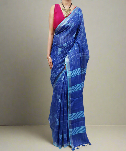 Blue Handloom Pure Linen Saree