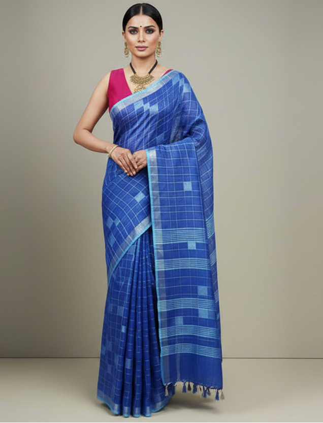 Blue Handloom Pure Linen Saree