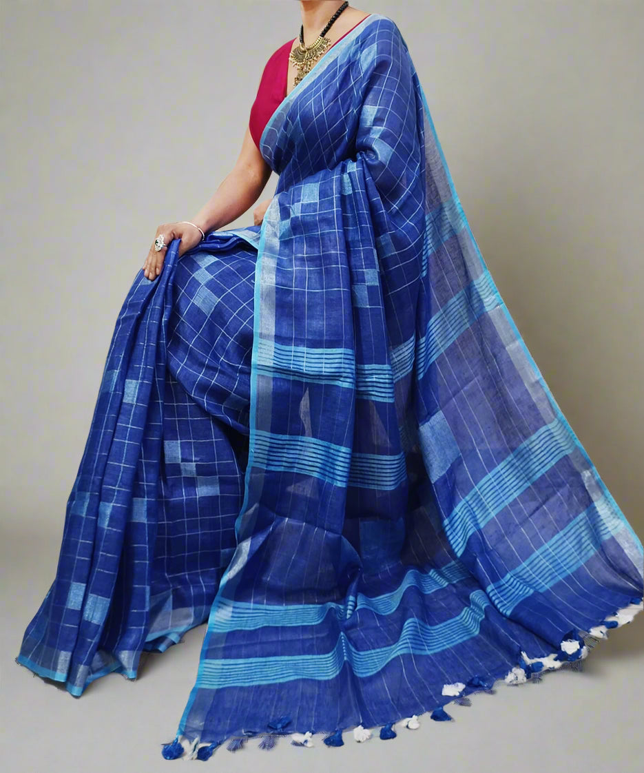 Blue Handloom Pure Linen Saree