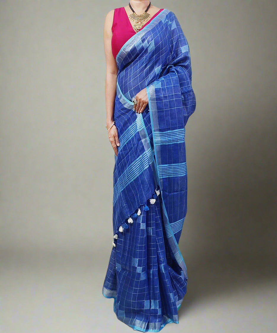 Blue Handloom Pure Linen Saree