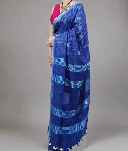 Blue Handloom Pure Linen Saree