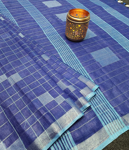 Blue Handloom Pure Linen Saree