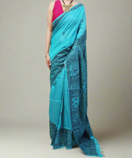 Firozi Madhubani Hand Painted Munga Silk Saree