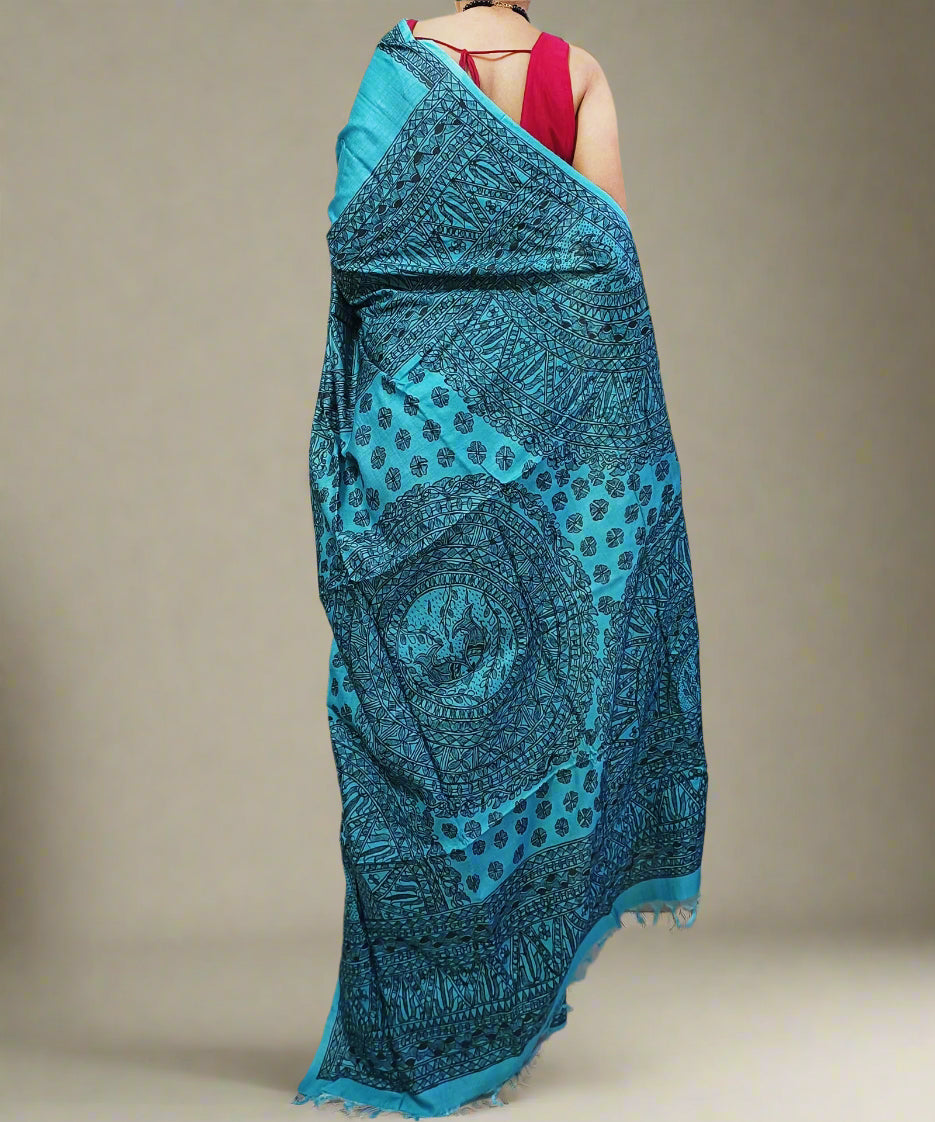 Firozi Madhubani Hand Painted Munga Silk Saree