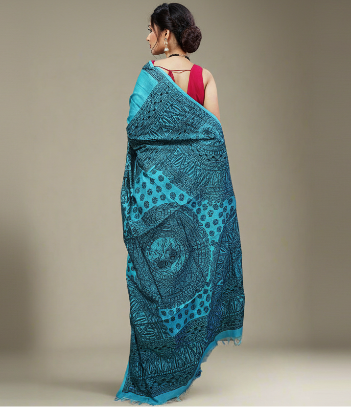 Firozi Madhubani Hand Painted Munga Silk Saree