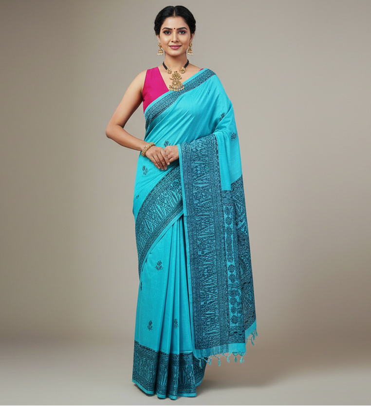 Firozi Madhubani Hand Painted Munga Silk Saree