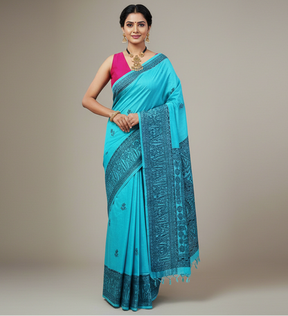 Firozi Madhubani Hand Painted Munga Silk Saree