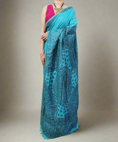 Firozi Madhubani Hand Painted Munga Silk Saree