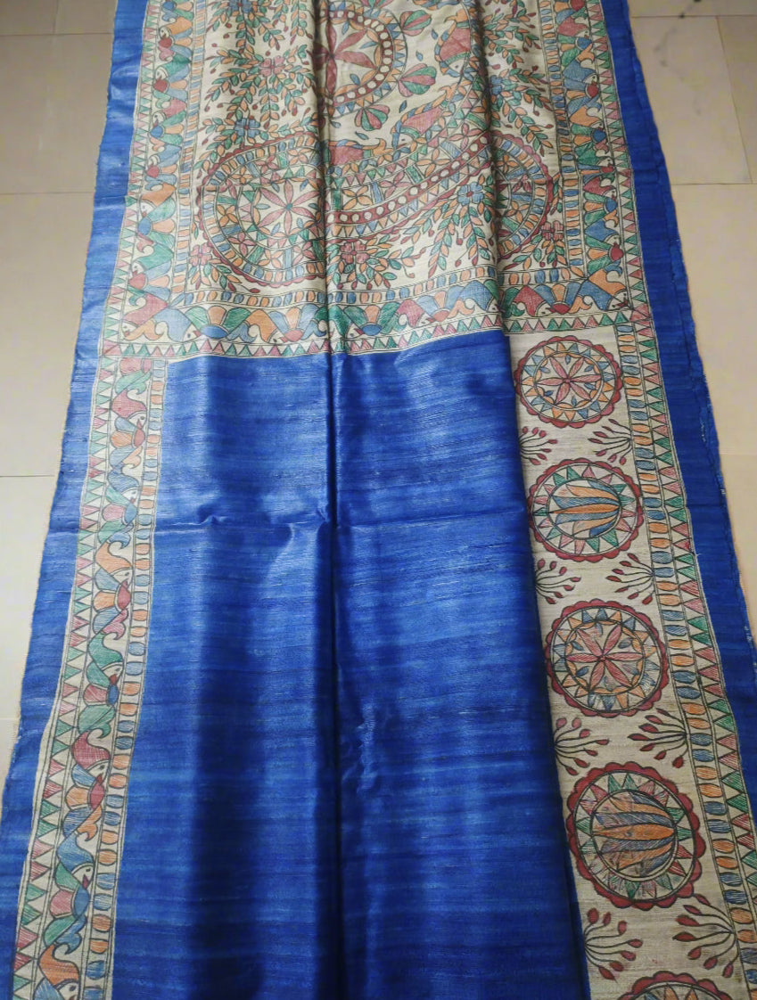 Blue Tassar Ghicha Madhubani Hand Painted Saree