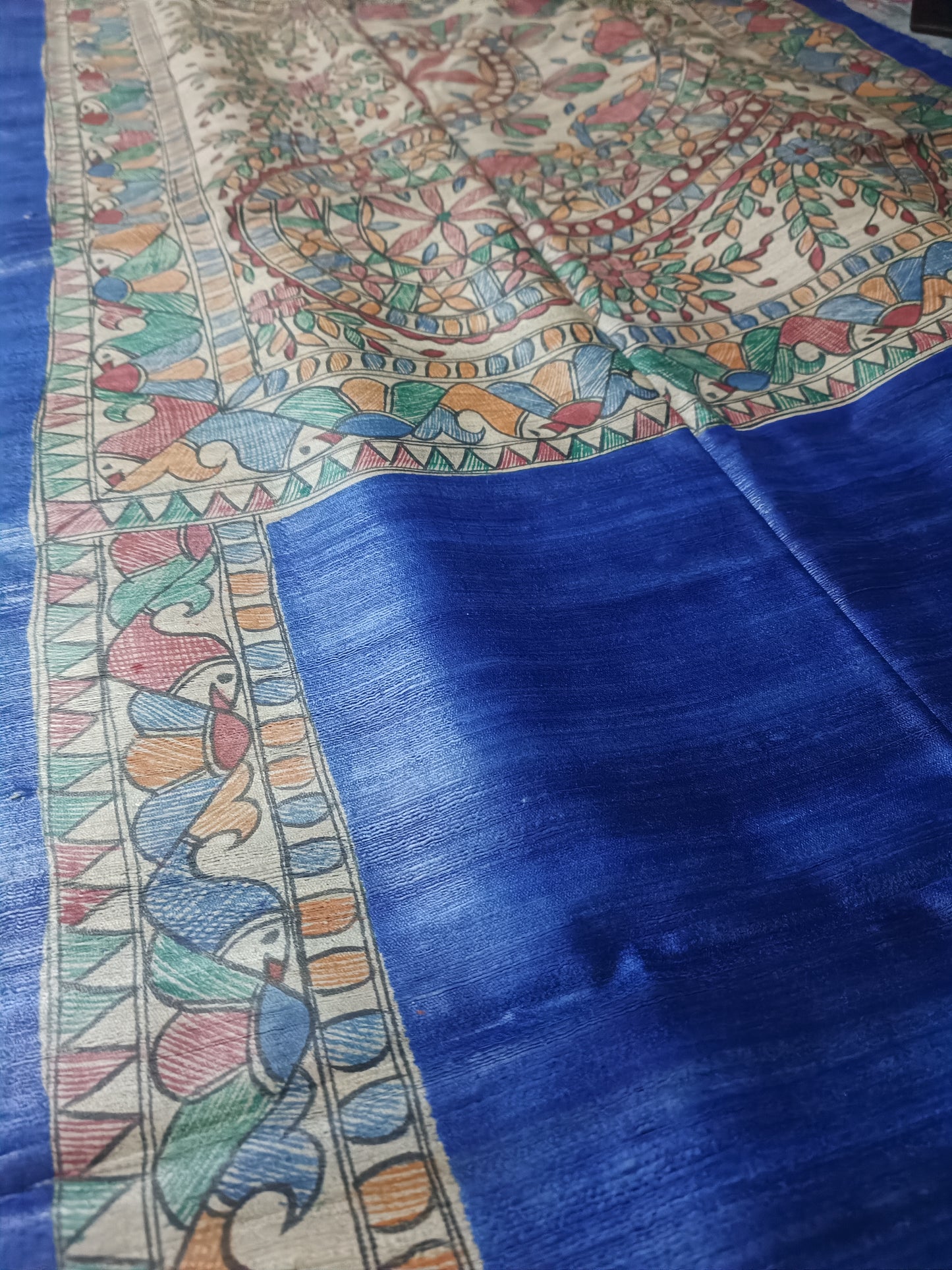 Blue Tassar Ghicha Madhubani Hand Painted Saree