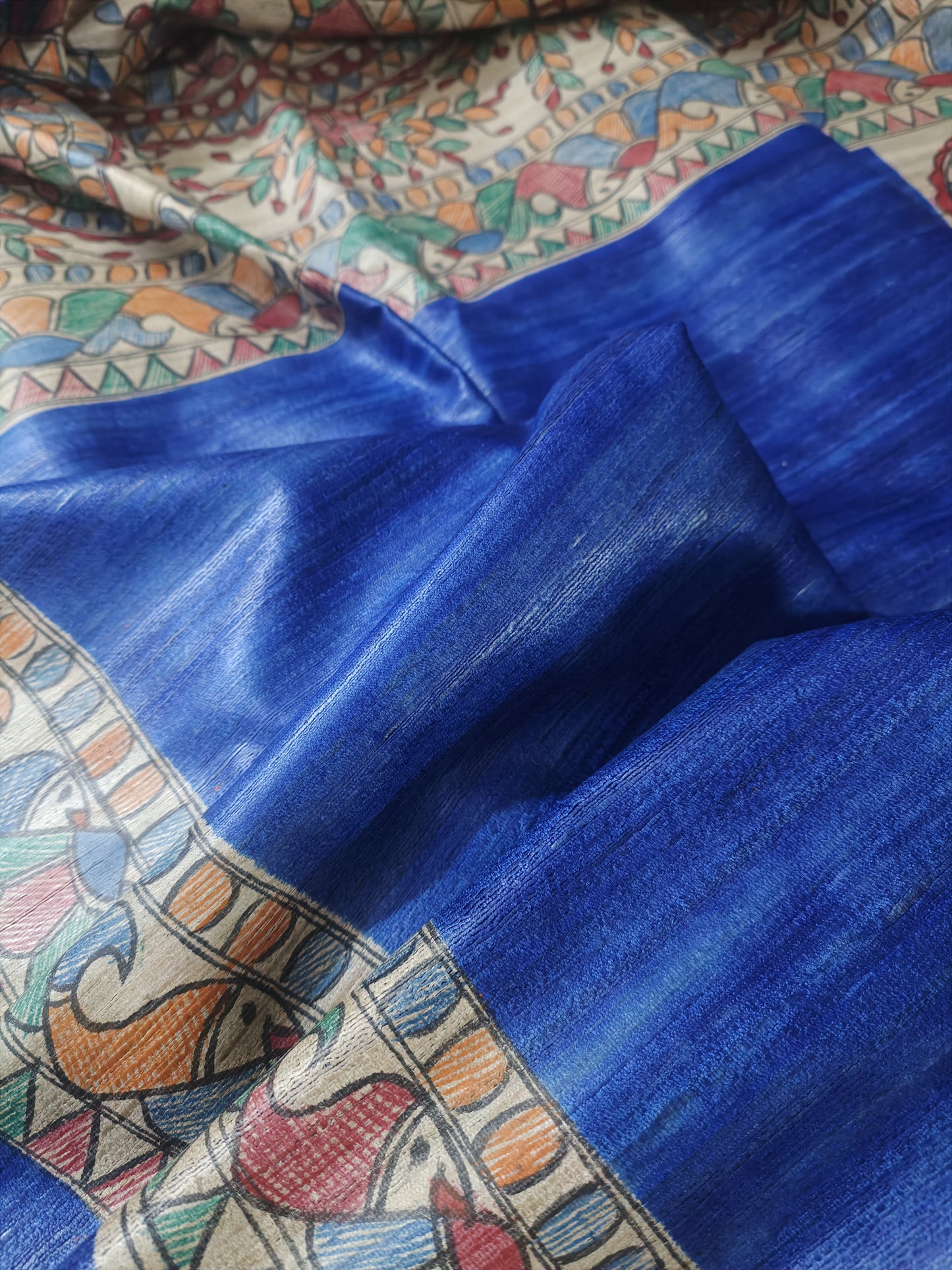 Blue Tassar Ghicha Madhubani Hand Painted Saree