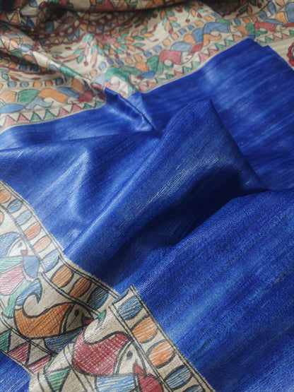 Blue Tassar Ghicha Madhubani Hand Painted Saree