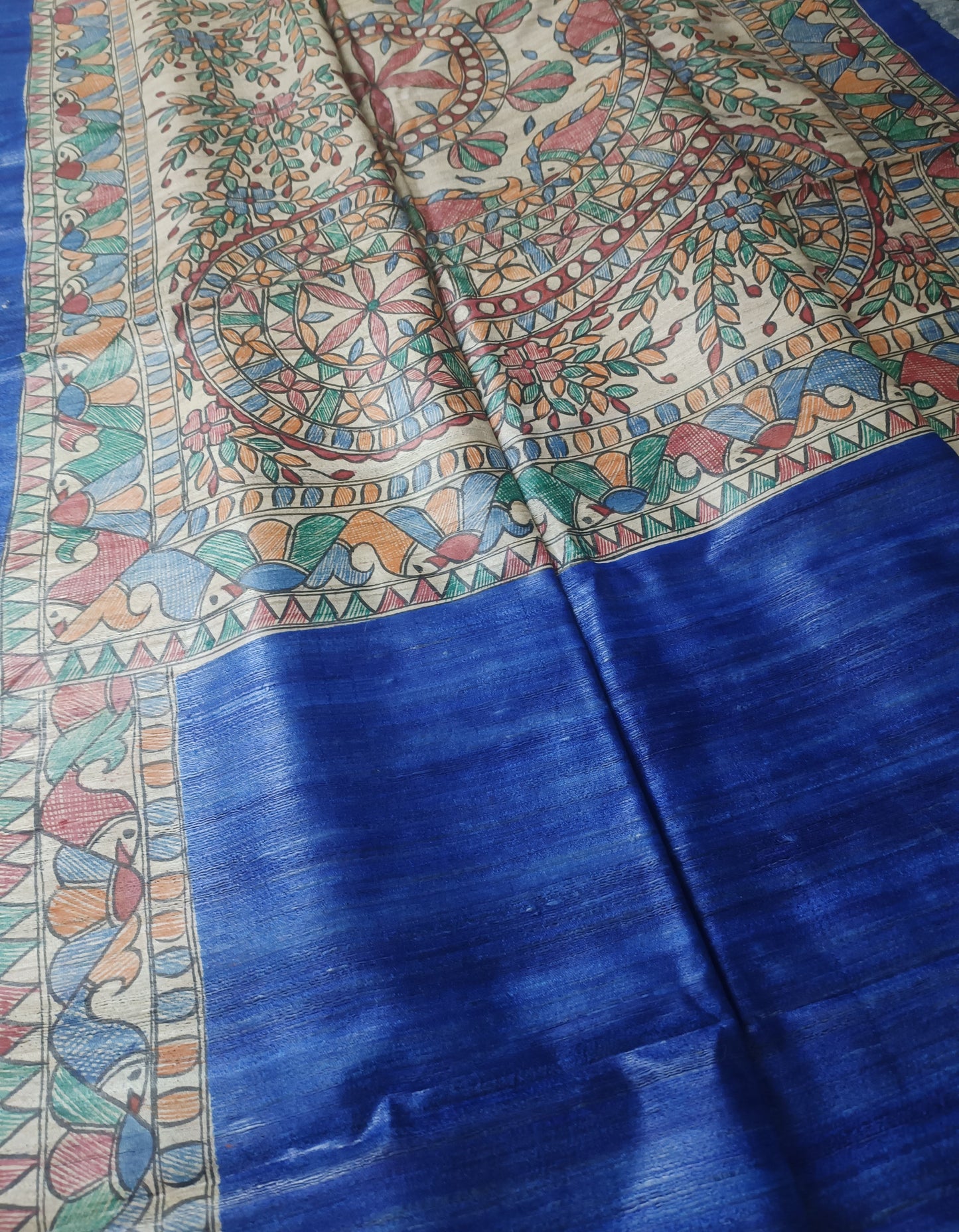 Blue Tassar Ghicha Madhubani Hand Painted Saree