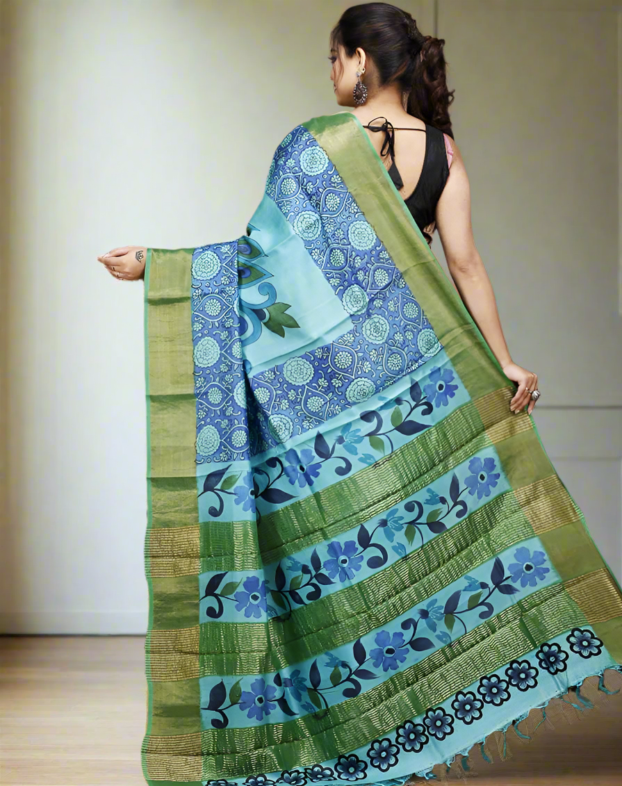Blue Floral Motif Kalamkari Silk Saree