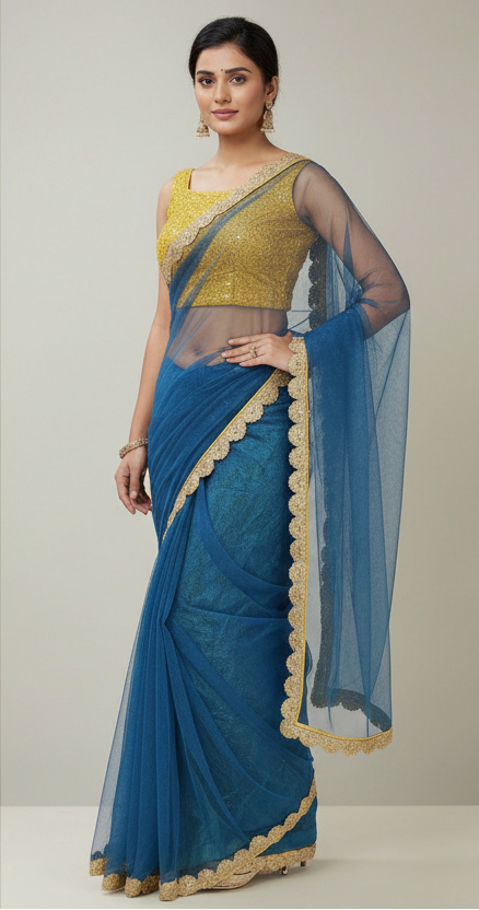 Blue Lace Border Net Saree