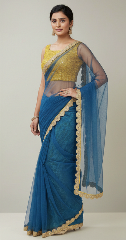 Blue Lace Border Net Saree