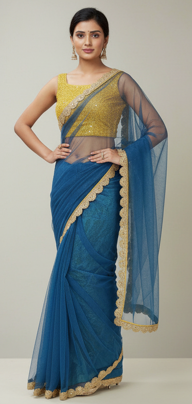 Blue Lace Border Net Saree