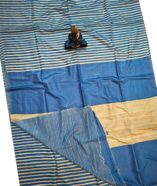 Blue Striped Tusser Ghicha Silk Saree |Peepal Clothing