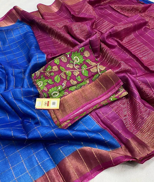 Blue and Magenta Bishnupuri Checked Zari Tussar Silk Saree |Peepal Clothing