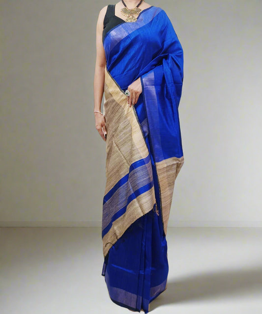 Blue and Natural Tussar Raw Silk Saree1