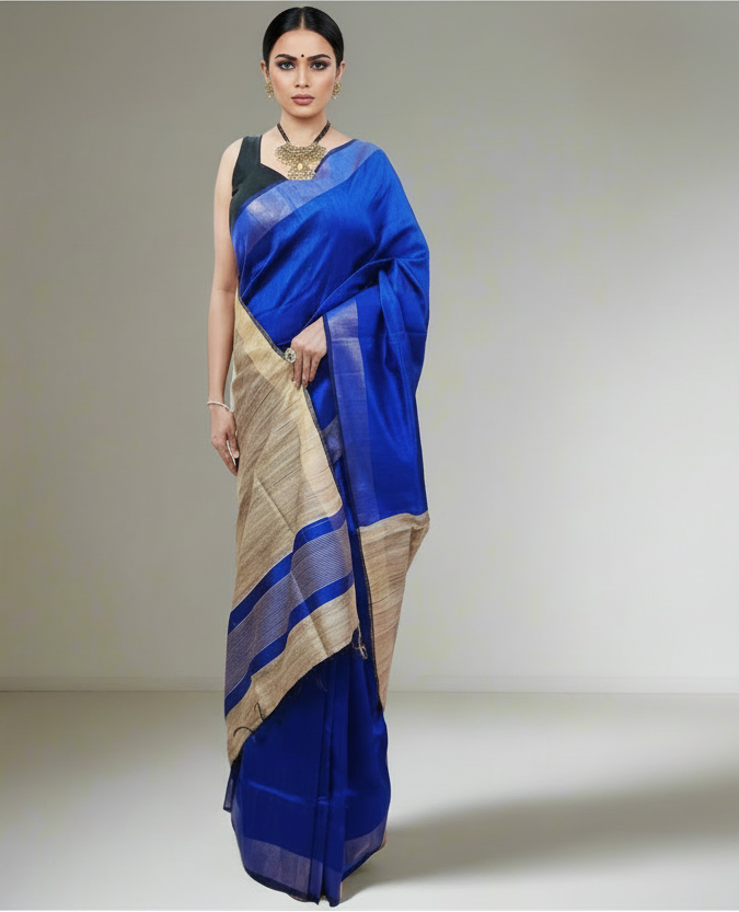 Blue and Natural Tussar Raw Silk Saree