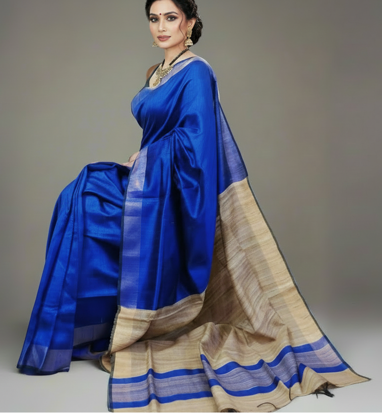 Blue and Natural Tussar Raw Silk Saree