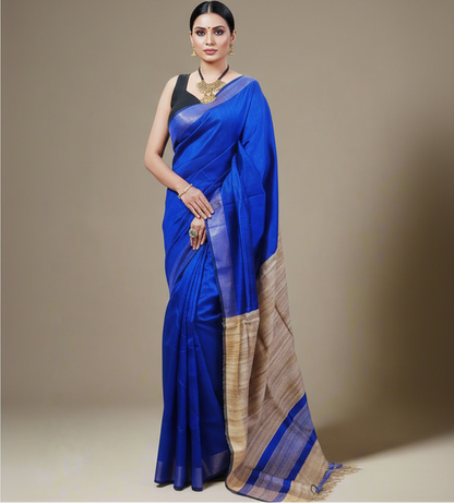 Blue and Natural Tussar Raw Silk Saree